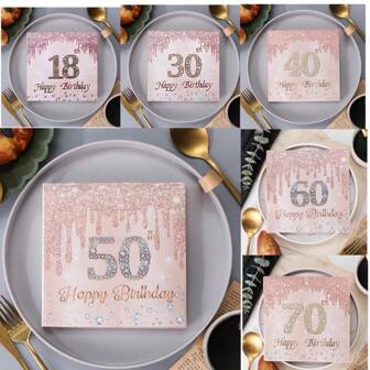 30 件玫瑰金钻石印花生日快乐餐巾，18 岁 30 岁 40 岁 50 岁 60 岁 70 岁生日餐巾，适用于生日派对餐桌装饰用品，她的派对用品偏好创意，为派对增添气氛