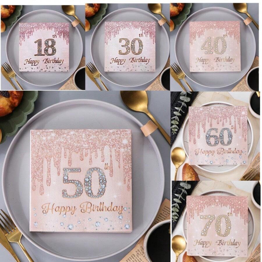 30 件玫瑰金钻石印花生日快乐餐巾，18 岁 30 岁 40 岁 50 岁 60 岁 70 岁生日餐巾，适用于生日派对餐桌装饰用品，她的派对用品偏好创意，为派对增添气氛 - 彩色 - 查看 1