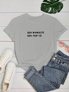 Women's Baby Look T-Shirt Printed Phrase 50% Namaste 50%  You Funny Tumblr Various Colors 100% Cotton - 灰色 - 查看 2