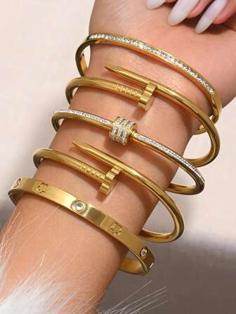 1 件珠宝黄金珠宝首饰女士手链配饰女士不锈钢珠宝女士手链西方珠宝金手镯不锈钢钉锆石手链，镶嵌锆石，钛钢手链，镜面抛光，真空涂层