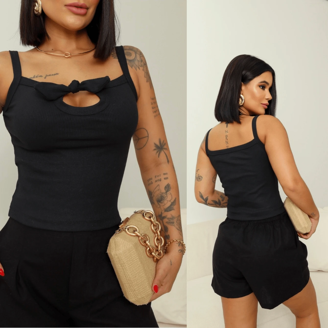 Olivia Women's Tank Top Bows Fashion Blogger Spring Summer Premium Ribbed Luxury Blouse Basic Ribbed Bow Foreign Fashion Super Timeless. - màu đen - Xem 1