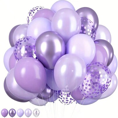 Conjunto de 59 balões roxos para festa: balões de 10 polegadas cor lavanda, roxo claro, lilás, cor metálica, confete multicolorido, balões roxos, adequados para noivas, casamentos e decorações de festa