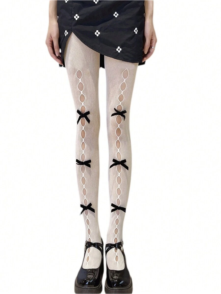 Women See-Through Pantyhose With Bow Knot Decors, Hollow Out Sheer Tights For Ladies - 白底黑色小蝴蝶結 - 查看 1