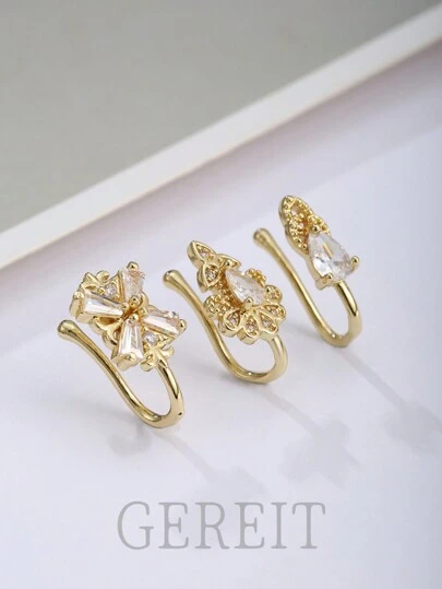 3pcs Vintage Palace Style Copper & Zirconia Water Drop Shaped Floral Faux Nose Ring Set, Suitable For Women's Daily Wear