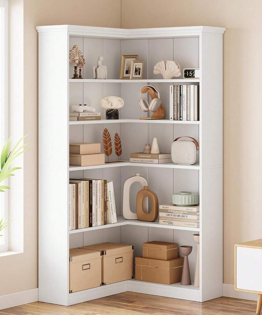 Corner Bookshelf 72.8in Farmhouse Bookcase Large Bookshelf Wood Bookcase Tall 5 Tier Corner Shelf L Shaped Bookshelf Storage Display Rack Living Room Bedroom - trắng - Xem 1