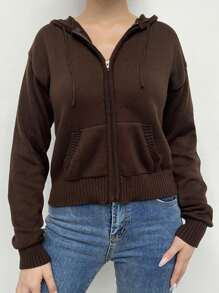 Womens Full Zip Knit Hoodies, Casual Solid Color Long Sleeve Drawstring Sweatshirts - Marrón - Ver 10