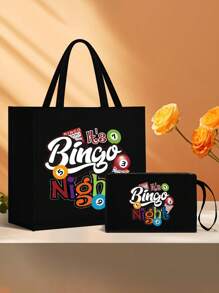 Bingo Night Women's Tote Bag And Wallet Set, Fabric Structure, Hand Washable, Unclosed, Lined, Casual Shoulder Back, Vacation Style Letter Design Tote Bags