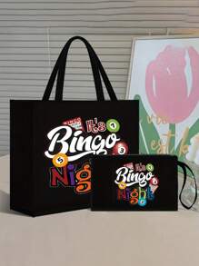 Bingo Night Women's Tote Bag And Wallet Set, Fabric Structure, Hand Washable, Unclosed, Lined, Casual Shoulder Back, Vacation Style Letter Design Tote Bags