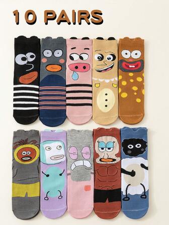 10 Pairs Unisex 3D Ear Design, Positive Eyeball Expression Cartoon Comics Illustration Mid-Calf Socks, Cute & Quirky Style, Suitable For Autumn/Winter, Party, Street Style, Casual, Youth, Students, Available In Multi-Colors
