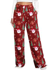Women Christmas Pants, Elk Santa Claus Print Drawstring Trousers Loose Pajamas Pants - Red - View 3