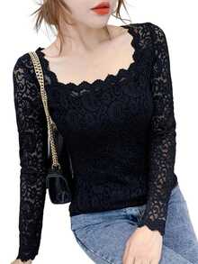 女士蕾丝长袖衬衫秋冬新款时尚修身性感百搭方领上衣