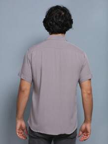 Men's Plain Short Sleeve Button Down Shirt In VISCOSE / Men's Blouse / Dress Shirt - 灰色 - 查看 4