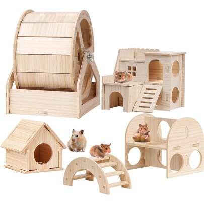 1pc Wooden Small Animal Castle, Toy House With Wheel, Slide, Hideout, Climbing Stairs, Platform, Suitable For Hamsters, Gerbils, Christmas & New Year Gift