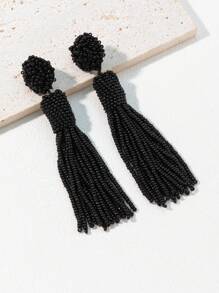 1pair Bohemian Style Beaded Tassel Earrings Handmade - Black - View 2