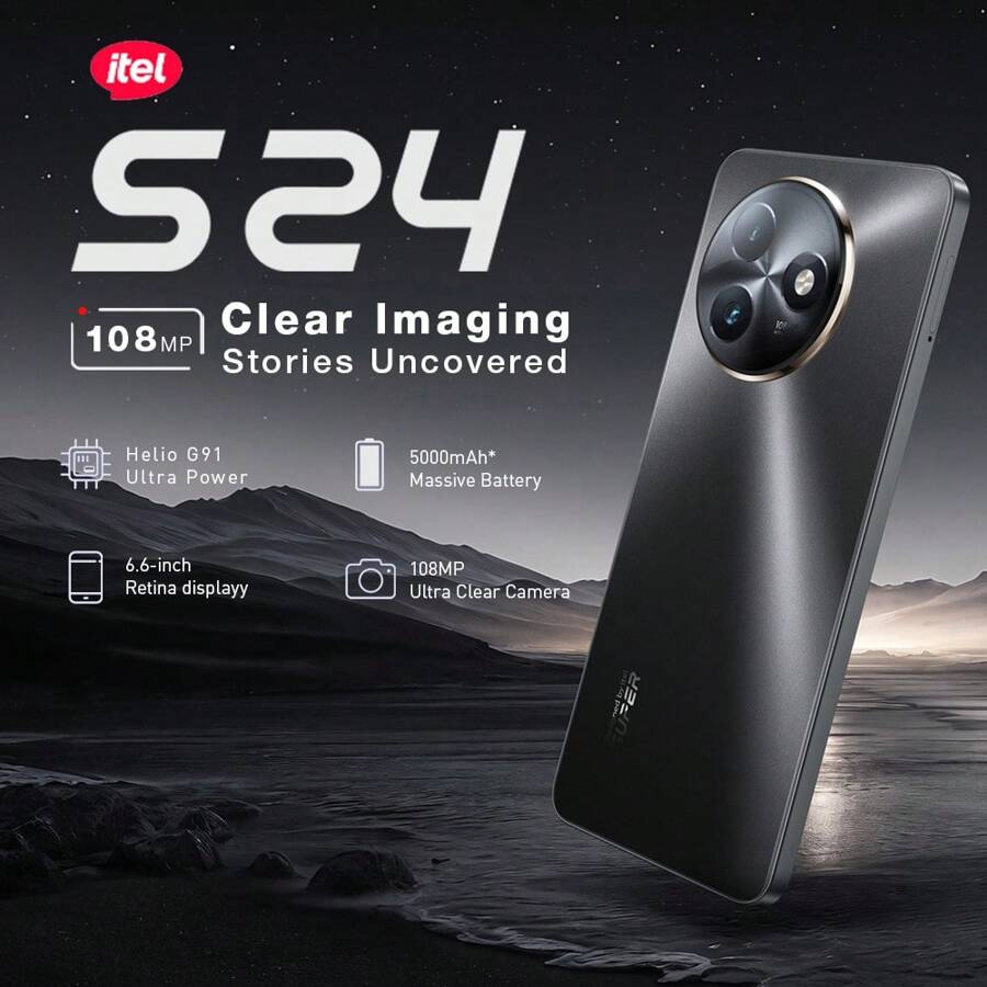 itel Teléfono móvil S24 de 6.6'', 8GB RAM/256GB ROM, Android 13 - Negro, Batería súper de 5000mAh para mantenerte con energía todo el día, Cámara frontal de 8MP, Cámara trasera de 108MP, Modo Súper Nocturno, Modo Retrato, Belleza de Video, Video Dual