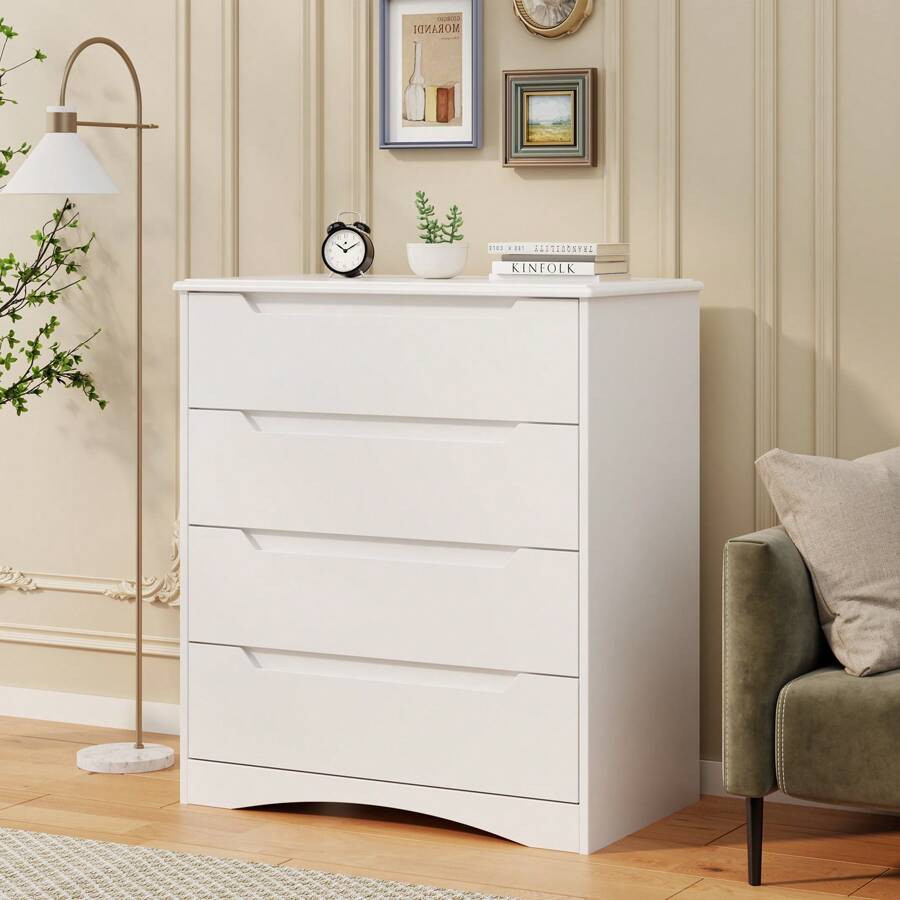 Chest Of Drawers With 4 Drawers, White Bedroom Chest Of Drawers With Cut Out Handles, Chest Of Drawers For Bedroom, Living Room, Office - trắng - Xem 1