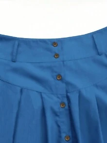Women's Casual Solid Color A-Line Long Skirt With Front Single Button Decor, Versatile For Autumn - Blue - View 4