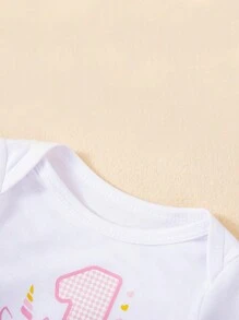 Baby Girl Holiday Outfit Set - Cute Cartoon Letter Print Long Sleeve Bodysuit, Mesh Skirt, And Hair Accessory, Fashionable Baby Girl Clothing For Celebration, Photography, Party - Pink - View 7