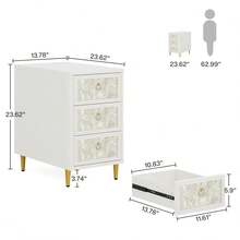 Tribesigns End Table With 3 Drawers, White Narrow Side Table For Living Room With 3D Printed Shell Finish, Modern Slim Nightstand And Bedside Table With Storage For Bedroom (1) - 白色 - 查看 2