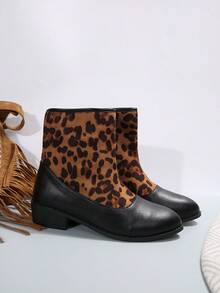Women's Fashion Brown Leopard Print Patchwork Design Elegant Suede Ankle Boots, Comfortable Short Boots For Daily Wear, Autumn - Brown Leopard Print - View 7