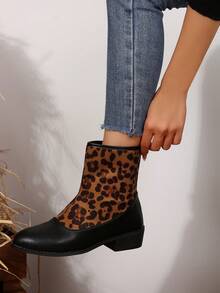 Women's Fashion Brown Leopard Print Patchwork Design Elegant Suede Ankle Boots, Comfortable Short Boots For Daily Wear, Autumn - Brown Leopard Print - View 4