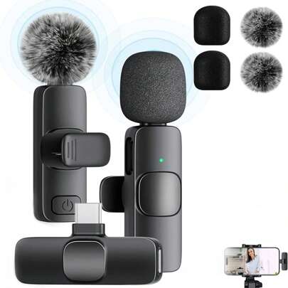 Wireless Mini Clip-On Microphone, Compatible With IPhone & IPad - Wireless Dual Microphone, Plug And Play, Ultra-Low Latency, Built-In Noise Cancellation Chip, 5 Hours Battery Life, Suitable For Two-Person Creation, 50mAh
