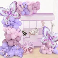 128 个紫色、粉色、金色乳胶气球和蝴蝶铝箔气球装饰，适用于生日派对、婚礼、毕业典礼、新娘送礼会、周年纪念、迎婴派对、家居装饰、房间、花园装饰、照片背景 - 多色 - 查看 8