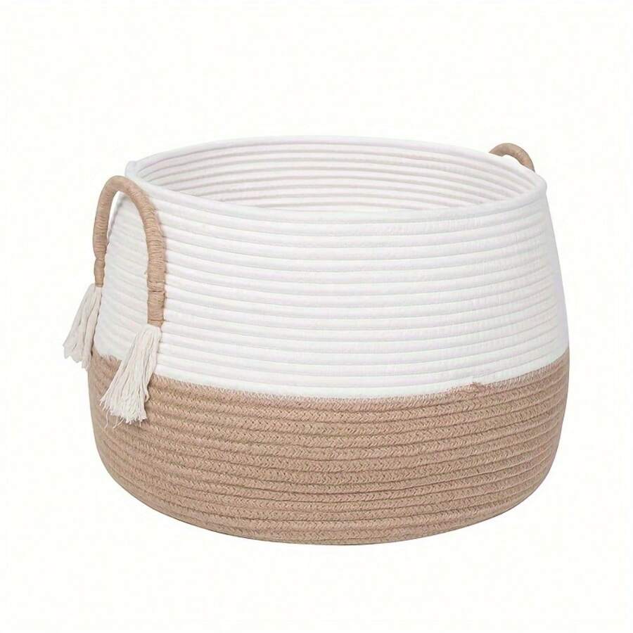 1pc Basket For Stuffed Animal, Clothes, Blankets Boho Baskets For Living Room, Bedroom, Nursery Cotton Rope Baskets, Cube Basket, Under Shelf Baskets For Home Decor Large - 白色&棕色 - 查看 1