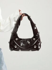 Kafe Brown Fashion Vintage Stylish Soft Leather Rivet Decor Crescent Shoulder Bag For Women, Large Capacity, Suitable For Work, Casual And Travel, Autumn/Winter - Coffee Brown - View 3
