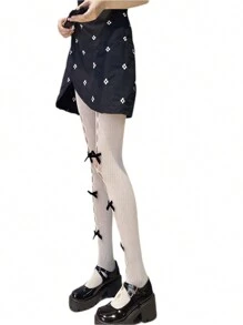 Women See-Through Pantyhose With Bow Knot Decors, Hollow Out Sheer Tights For Ladies - 白底黑色小蝴蝶結 - 查看 4