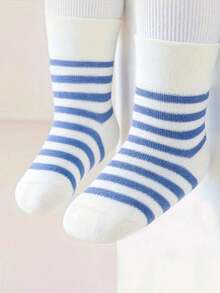 4 双儿童多季节蓝色系列拼色条纹可爱脚印和动物表情图案中筒袜 - 彩色 - 查看 2