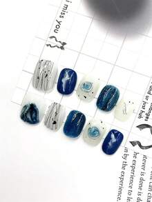 10 件/套 DIY 手工制作简约百搭手绘图案，纯手绘蓝色大理石图案融合，秋冬高端风格，包括短方形假指甲、1 件果冻凝胶和 1 件指甲锉，非常适合日常生活和派对装扮按压指甲美甲用品（显示卡随机） - 彩色 - 查看 3