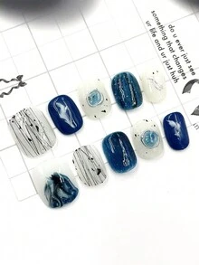 10 件/套 DIY 手工制作简约百搭手绘图案，纯手绘蓝色大理石图案融合，秋冬高端风格，包括短方形假指甲、1 件果冻凝胶和 1 件指甲锉，非常适合日常生活和派对装扮按压指甲美甲用品（显示卡随机） - 彩色 - 查看 2
