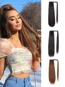 Extensión de cola de caballo sintética recta y elegante para mujer, con textura Yaki y cierre con cordón, una pieza versátil para todo tipo de usuarios - Disponible en múltiples tonos