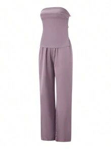 Women 2 Piece Outfits Sets Bandage Backless Bandeau Tops Elastic Wide Leg Pants Sets Streetwear Aesthetic Clothes - Purple - View 8