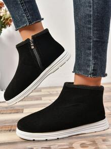 Botas de tobillo acanalado con cremallera lateral para mujer, cómodas y cálidas botas de nieve con forro térmico y mullido espeso para uso en interiores y exteriores en invierno - Negro - Ver 6