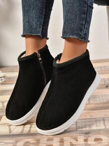 Botas de tobillo acanalado con cremallera lateral para mujer, cómodas y cálidas botas de nieve con forro térmico y mullido espeso para uso en interiores y exteriores en invierno - Negro - Ver 4