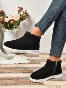 Botas de tobillo acanalado con cremallera lateral para mujer, cómodas y cálidas botas de nieve con forro térmico y mullido espeso para uso en interiores y exteriores en invierno - Negro - Ver 2