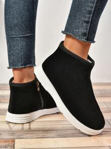 Botas de tobillo acanalado con cremallera lateral para mujer, cómodas y cálidas botas de nieve con forro térmico y mullido espeso para uso en interiores y exteriores en invierno - Negro - Ver 7