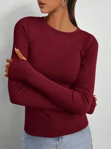 Women's Casual Top Spring Fall Long Sleeve Crew Neck Elastic Slim Fit Simple Basic Y2K Outing Shirt Clothes - 酒紅色 - 查看 2