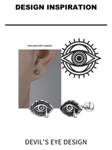 1 chiếc khuyên tai bạc Sterling dành cho nam, kiểu dáng tối màu, hình mắt quỷ, thiết kế độc đáo, phong cách hip hop punk. - Bạc - Xem 2