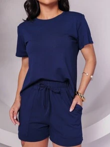Women's Set In Fleece Fabric Comprising Shorts And Short Sleeve Cropped Top - Navy Blue - View 4