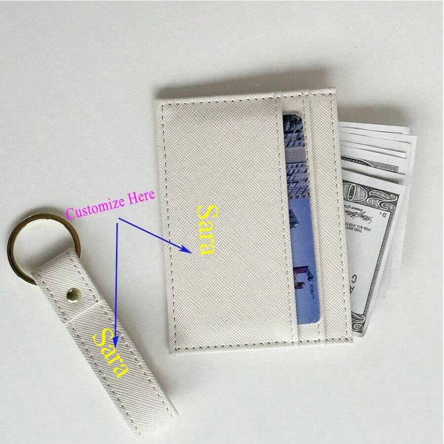 Juego de regalo personalizado con Tarjetero de PU de unicolor con Patrón de Cruz y Correa para Llaves. Incluye caja de regalo. Ideal como regalo de Navidad, cumpleaños o personalizado - Blanco - Ver 1