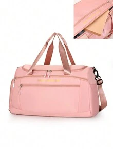 1 Túi vải thô nhẹ dung tích lớn có dây đeo và tay cầm có thể điều chỉnh, Túi đeo vai chống thấm nước di động có ngăn đựng khô-ướt. Túi du lịch màu trơn có nhiều ngăn, Túi hành lý có thiết kế dây đeo hành lý và ngăn đựng giày - Hồng - Xem 4