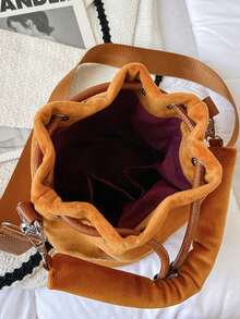 1件新款女士时尚毛绒水桶包，多功能单肩斜挎手提包 - 棕色 - 查看 8