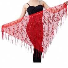 Hüfttuch für Frauen beim Bauchtanz mit Pailletten und Quasten, dreieckiges Wickelrock Hüftkette (Gesamtlänge 150cm)