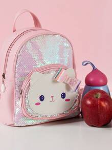 1pc Cute Girl Backpack With Zipper Closure, Cartoon Cat Sequin Decor, Suitable For Girls' Outings And Travel, Gift - 18629 Cat Backpack - View 8