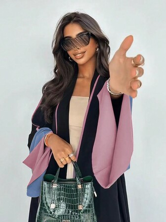 撞色饰边休闲复古风格长袖长袍，端庄的阿巴亚