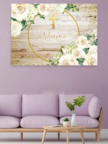 1 pieza Decoración personalizable de corona de flores con hojas verdes, telón de fondo personalizado con nombre para fiesta de cumpleaños, decoración colgante de bautizo, primera comunión y bautizo con cáliz y brillo dorado para estudio fotográfico