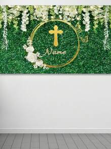 1 pieza Decoración personalizable de corona de flores con hojas verdes, telón de fondo personalizado con nombre para fiesta de cumpleaños, decoración colgante de bautizo, primera comunión y bautizo con cáliz y brillo dorado para estudio fotográfico